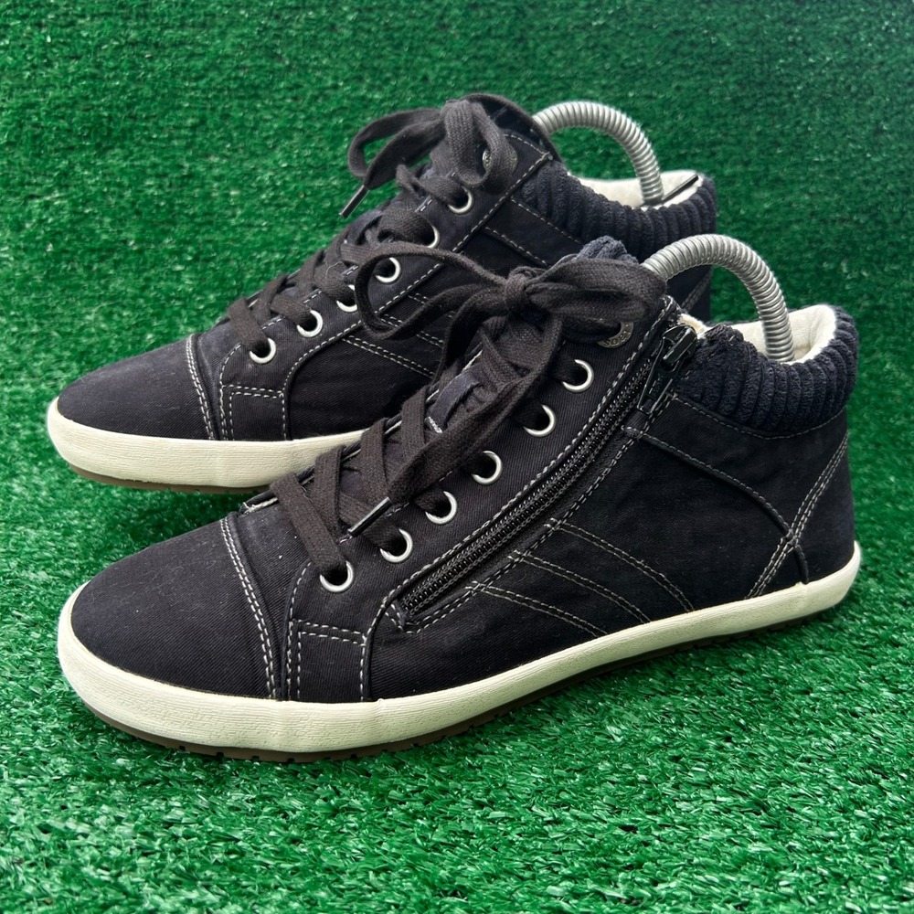 Taos Startup Black Canvas High Top Sneakers Side Zip Corduroy Collar Womens 8‎
